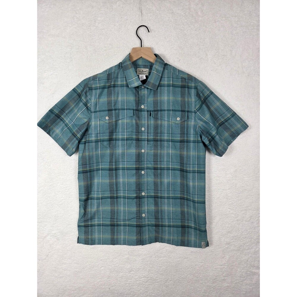 L.L.‎ Bean Fisherman Camp Shirt Mens M Green Plaid Check SS Button Front Hiking